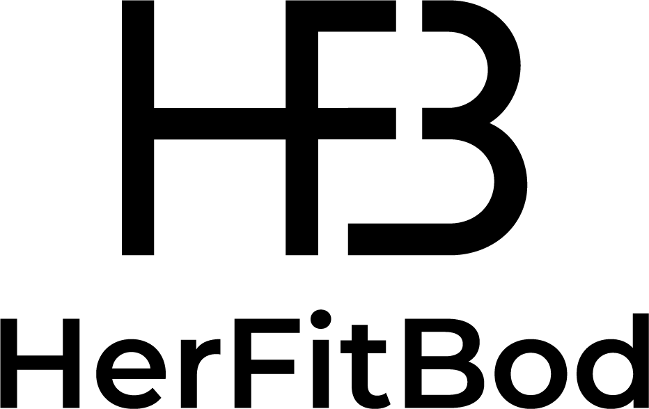A bold, modern black logo with the letters “HFB” above the text “HerFitBod.” The letterforms are clean and geometric, with the “HFB” stylized as overlapping lines, creating a unified and striking visual identity on a white background.